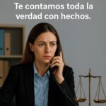Abogada profesional hablando por teléfono con expresión atenta, junto a una balanza de justicia, y texto sobre Reclamalia que invita a descubrir la verdad con hechos.